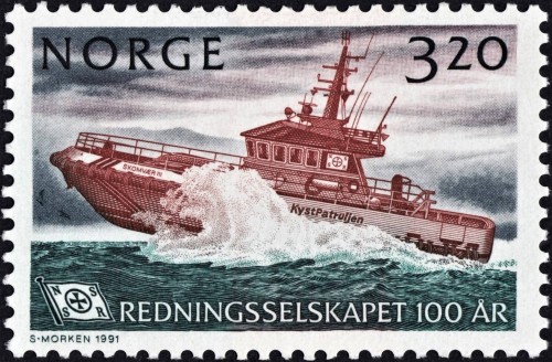 Noruega, 1991, Centenario de la organización noruega de rescate marítimo. Barco de rescate Skomvær III. Sello diseñado y grabado por Sverre Morken; impresión mixta en calcografía y offset