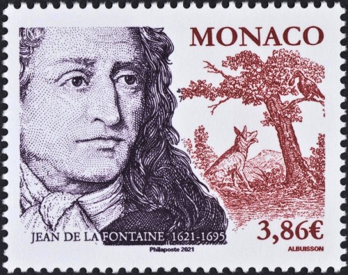 Mónaco, 2021, Jean de La Fontaine. Sello diseñado y grabado por Pierre Albuisson. Impresión en calcografía