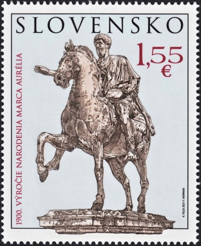 Eslovaquia, 2021, Marco Aurelio (estatua ecuestre en la Colina Capitolina de Roma). Sello diseñado por Karol Felix y grabado por František Horniak; impresión mixta en calcografía y offset