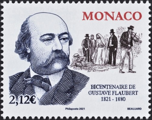 Mónaco, 2021, 200 aniversario del natalicio de Gustave Flaubert. Sello diseñado y grabado por Yves Beaujard. Impresión en calcografía