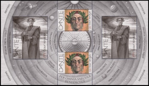 República Checa, 2021, Dante. Hojita y sellos diseñados por Marina Richterová; impresión en offset. Hojita de muestra del Correo checo, con los sellos inutilizados en las esquinas. Imagen procedente de la página expo-net.blogspot.com