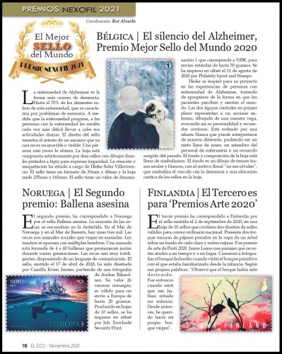 Página de la revista “El Eco” de noviembre de 2021 en la que aparecen los sellos premiados en la principal categoría de los galardones, los mejores sellos del mundo en 2020