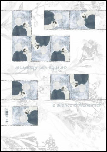 Bélgica, 2020; Alzheimer. Hojita y sello diseñados por Heike Sofia Villavicencio Rammeloo. Impresión en offset