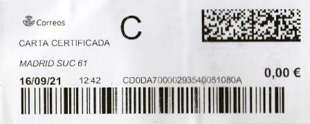 MADRID SUC 61 - CARTA CERTIFICADA - 16_09_2021. Franqueada con sellos - 2834594.jpg
