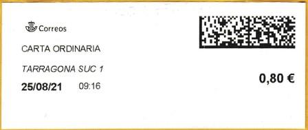 TARRAGONA SUC 1 - CARTA ORDINARIA - 25_08_2021.  Tarifas 2021 (+20 hasta 50 grs) - 4309294.jpg
