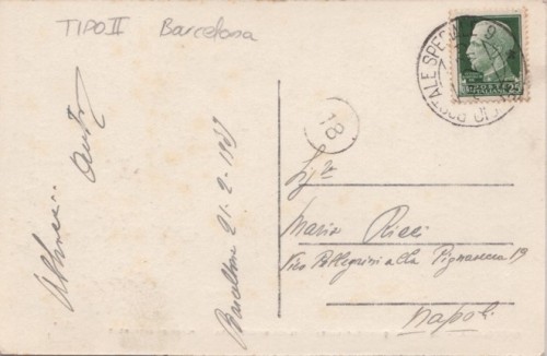 21 de febrero de 1939. Tarjeta con fechador U.P.S. 9 del tipo 2 “periodo de Barcelona” con 5 cts. de exceso de franqueo, <br />0,25 liras  en vez de 0,20 correspondiente al porte de una tarjeta postal  hasta cinco palabras.
