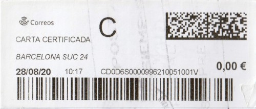 BARCELONA SUC.24. Carta certificada. 28_08_2020. Tarifas 2020 (Hasta 20 grs) Franqueo 3,80€ en sellos. R.jpg