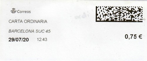BARCELONA SUC.45. Carta ordinaria. 29_07_2020. Tarifas 2020 (+20 hasta 50 grs) 0,75€. R.jpg