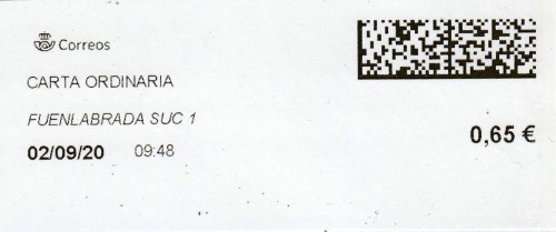 FUENLABRADA SUC.1 (Madrid). Carta ordinaria. 02_09_2020. Tarifas 2020 (Hasta 20 grs) 0,65€. R.jpg