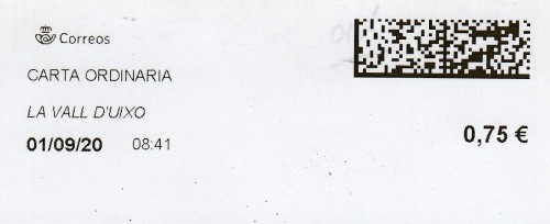 LA VALL D'UIXO (Castellón). Carta ordinaria. 29_07_2020. Tarifas 2020 (+20 hasta 50 grs) 0,75€. R.jpg
