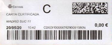 MADRID SUC.11. Carta certificada. 20_05_2020. Tarifas 2020 (Hasta 20 grs) Franqueo 3,80€ en sellos. R.JPG