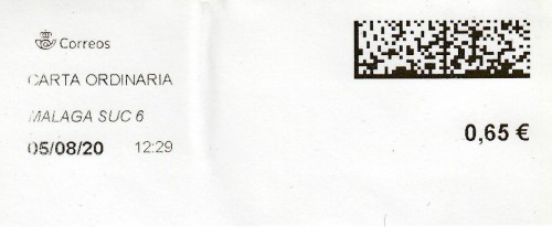 MÁLAGA SUC. 6. Carta ordinaria. 05_08_2020. Tarifas 2020 (Hasta 20 grs) 0,65€. R.jpg