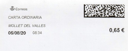 MOLLET DEL VALLÉS (Barcelona). Carta ordinaria. 05_08_2020. Tarifas 2020 (Hasta 20 grs) 0,65€. R.jpg