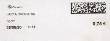 OLOT (Girona). Carta ordinaria. 25_05_2020. Tarifas 2020 (+20 hasta 50 grs) 0,75€. R.JPG