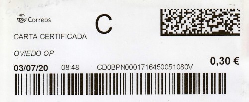 OVIEDO O.P. Carta certificada. 03_07_2020. Tarifas 2020 (Hasta 20 grs). Franqueo 3,80€. Etiqueta+sellos. R.jpg