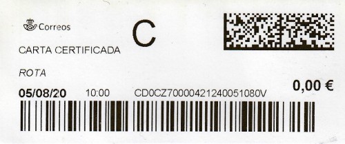 ROTA (Cádiz). Carta certificada. 05_08_2020. Tarifas 2020 (Hasta 20 grs) Franqueo 3,80€ en sellos. R.jpg