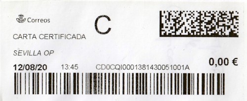SEVILLA O.P. Carta certificada. 12_08_2020. Tarifas 2020 (Hasta 20 grs) Franqueo 3,80€ en sellos. R.jpg