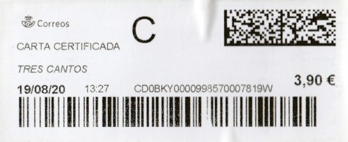 TRES CANTOS (Madrid). Carta certificada. 19_08_2020. Tarifas 2020 (+20 hasta 50 grs) Franqueo 3,90€. R.jpg