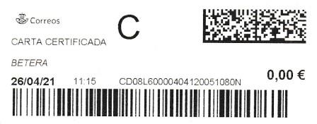 BETERA (Valencia). Carta certificada. 26_04_2021. Tarifas 2021 (+50 hasta 100 grs) Franqueo 4,70€ en sellos.jpg