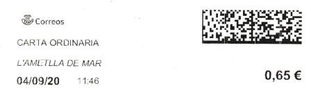 L'AMETLLA DE MAR (Tarragona). Carta ordinaria. 04_09_2020. Tarifas 2020 (Hasta 20 grs) 0,65€.jpg