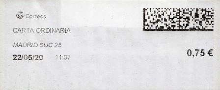 MADRID SUC.25. Carta ordinaria. 22_05_2020. Tarifas 2020 (+20 hasta 50 grs) 0,75€.jpg
