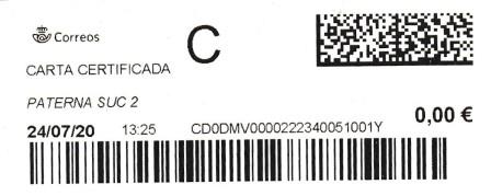 PATERNA SUC. 2 (Valencia). Carta certificada. 24_07_2020. Tarifas 2020 (+20 hasta 50 grs) Franqueo 3,90€ en sellos.jpg