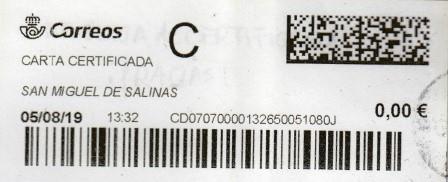 SAN MIGUEL DE SALINAS (Alicante). Carta certificada. 05_08_2019. Tarifas 2019 (+100 hasta 500 grs) Franqueo 5,20€ en sellos.jpg