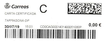 TARRAGONA O.P. Carta certificada. 30_07_2019. Tarifas 2019 (+100 hasta 500 grs) Franqueo 5,20€ en sellos.jpg
