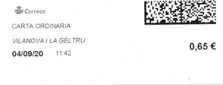 VILANOVA I LA GELTRÚ (Barcelona). Carta ordinaria. 04_09_2020. Tarifas 2020 (Hasta 20 grs) 0,65€.jpg