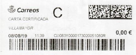 VILLAMAYOR (De Armuña. Salamanca). Carta certificada. 08_08_2019. Tarifas 2019 (+100 hasta 500 grs) Franqueo 5,20€ en sellos.jpg