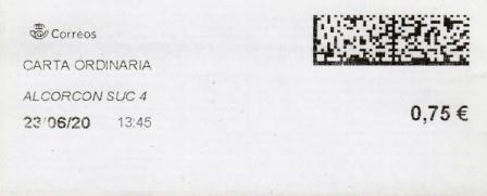 ALCORCÓN SUC.4 (Madrid). Carta ordinaria. 23_06_2020. Tarifas 2020 (+20 hasta 50 grs) 0,75€.jpg