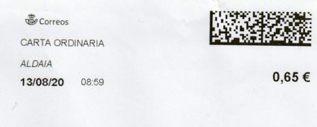 ALDAIA (Valencia). Carta ordinaria. 13_08_2020. Tarifas 2020 (Hasta 20 grs) 0,65€.jpg