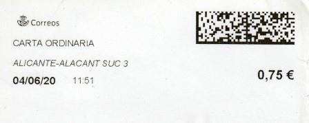 ALICANTE-ALACANT SUC.3. Carta ordinaria. 04_06_2020. Tarifas 2020 (+20 hasta 50 grs) 0,75€.jpg