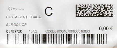 BURGOS O.P. Carta certificada. 07_07_2020. Tarifas 2020 (+20 hasta 50 grs) Franqueo 3,90€. Sellos.jpg
