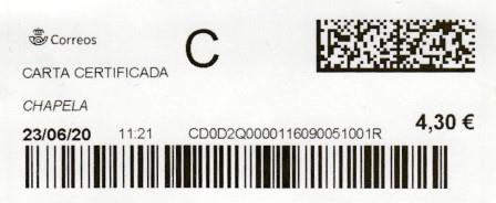 CHAPELA (Redondela. Pontevedra). Carta certificada. 26_06_2020. Tarifas 2020 (+50 hasta 100 grs) Franqueo 4,30€.jpg