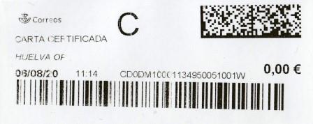 HUELVA O.P. Carta certificada. 06_08_2020. Tarifas 2020 (Hasta 20 grs) Franqueo 3,80€. Sellos.jpg