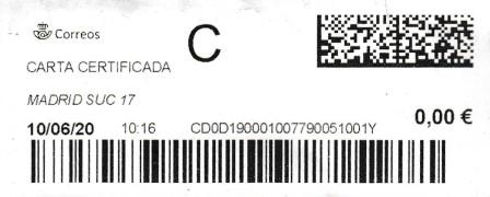 MADRID SUC.17. Carta certificada. 10_06_2020. Tarifas 2020 (+50 hasta 100 grs) Franqueo 4,30€. Sellos.jpg