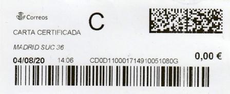 MADRID SUC.36. Carta certificada. 04_08_2020. Tarifas 2020 (+50 hasta 100 grs) Franqueo 4,30€. Sellos.jpg