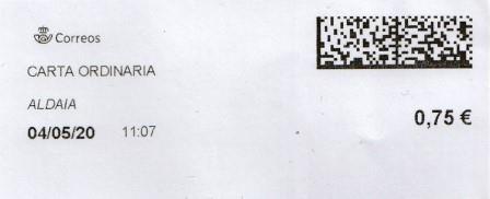 ALDAIA (Valencia). Carta ordinaria. 04_05_2020. Tarifas 2020 (+20 hasta 50 grs) 0,75€.jpg
