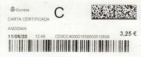 ANDOAIN (Guipúzcoa). Carta certificada. 11_05_2020. Tarifas 2020 (+20 hasta 50 grs) Franqueo 3,90€. Etiqueta+Sellos.jpg