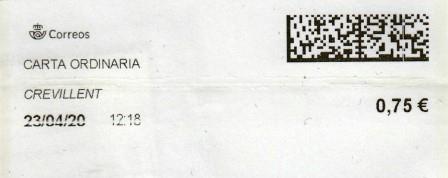CREVILLENT (Alicante). Carta ordinaria. 23_04_2020. Tarifas 2020 (+20 hasta 50 grs) 0,75€.jpg