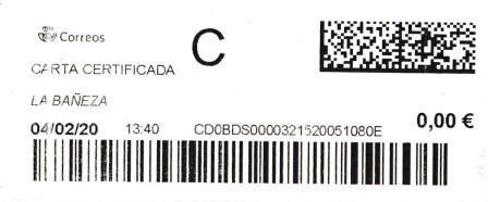LA BAÑEZA (león). Carta certificada.04_02_2020. Tarifas 2020 (+20 hasta 50 grs) Franqueo 3,90€. Sellos.jpg