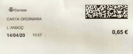 L'ALBORÇ (Tarragona). Carta ordinaria. 10_04_2020. Tarifas 2020 (Hasta 20 grs) 0,65€.jpg