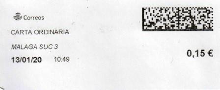 MÁLAGA SUC.3. Carta ordinaria. 13_01_2020. Tarifas 2020 (+20 hasta 50 grs) 0,75€. Etiqueta+sello.jpg