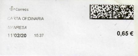 MANRESA (Barcelona). Carta ordinaria. 11_02_2020. Tarifas 2020 (Hasta 20 grs) 0,65€.jpg