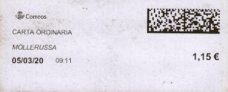 MOLLERUSA (Lleida). Carta ordinaria. 05_03_2020. Tarifas 2020 (+50 hasta 100 grs) 1,15€.jpg