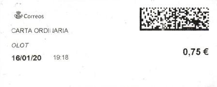 OLOT (Girona). Carta ordinaria. 16_01_2020. Tarifas 2020 (+20 hasta 50 grs) 0,75€.jpg