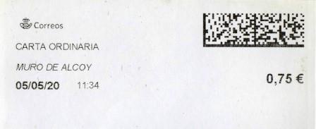 MURO DE ALCOY (Alicante). Carta ordinaria.05_05_2020. Tarifas 2020 (+20 hasta 50 grs) 0,75€.jpg