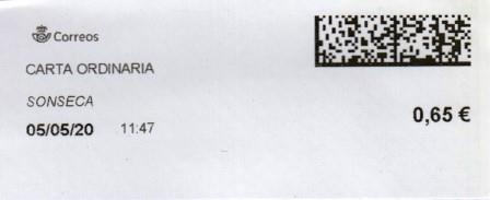 SONSECA (Toledo). Carta ordinaria. 05_05_2020. Tarifas 2020 (Hasta 20 grs) 0,65€.jpg