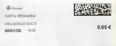 VALLADOLID SUC.9. Carta ordinaria. 08_01_2020. Tarifas 2020 (Hasta 20 grs) 0,65€.jpg